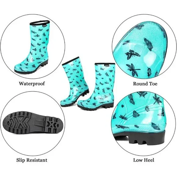 Women's Green Butterfly Lightweight Fashion Wide Calf Waterproof Rain Boots - Picture 5 of 6